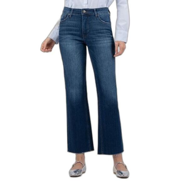 Kut From The Kloth Kelsey Blue Dark Wash Fab Ab Fray Hem Ankle Flare Jeans Sz 4 - Picture 1 of 14